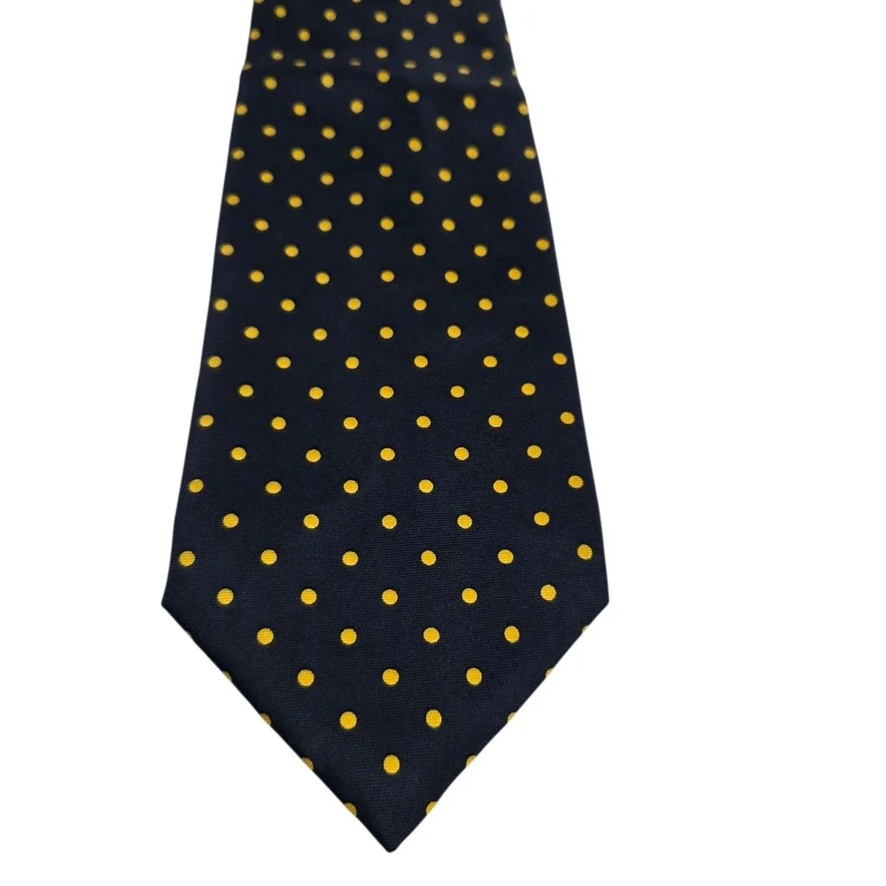 Faconnable Silk Polka Dot Necktie Navy‎ Blue Yellow Handmade Made in France